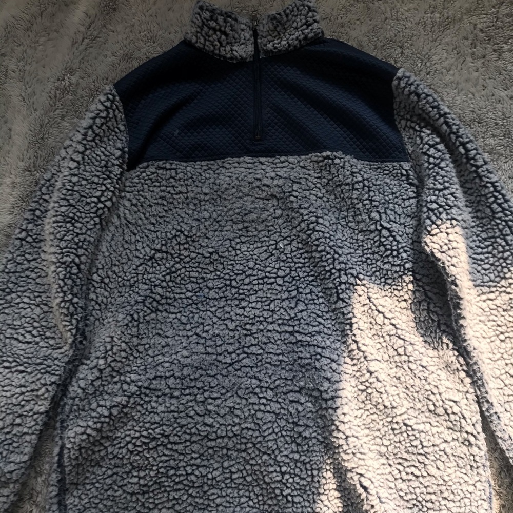 blue fluffy turtle neck jacket